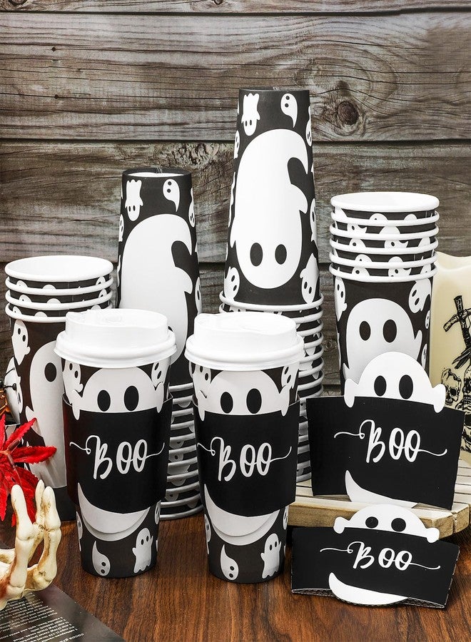 JarThenaAMCS 48 Set Halloween Disposable Coffee Cups with Lids and Sleeves 16oz Black Spooky Ghost Paper Drinking Cups for Halloween Party Supplies - Image 5