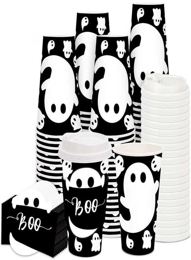 JarThenaAMCS 48 Set Halloween Disposable Coffee Cups with Lids and Sleeves 16oz Black Spooky Ghost Paper Drinking Cups for Halloween Party Supplies - Image 1