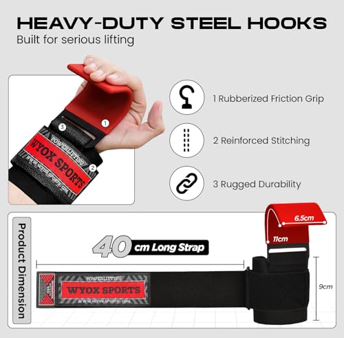 WYOX Weight Lifting Hooks for Deadlift Pull Ups Rows Heavy Duty Wrist Support Grips to Lift Heavier Reduce Grip Fatigue Improve Performance Padded Straps for Men Women Pair of 2 - Image 3