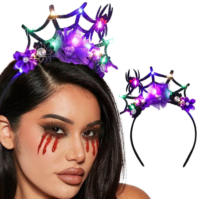 Uranian Light Up Halloween Headband Purple LED Spider Web Headwear Flash Glowing Flower Party Hair Accessories for Women