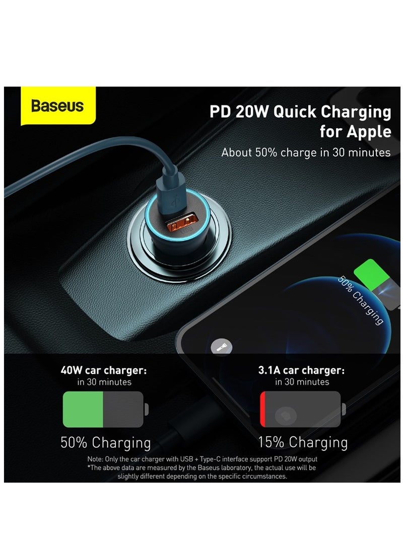 بيسوس محول شاحن سيارة USB-C بقوة 40 وات مع ولاعة سجائر وشاحن USB مزدوج وشحن سريع [PD3.0 وQC 4.0] مع Type C إلى Lightning لهاتف iPhone 15/14/13/12/11 وSamsung Galaxy S20 وHuawei Mate 30 والمزيد - Image 2
