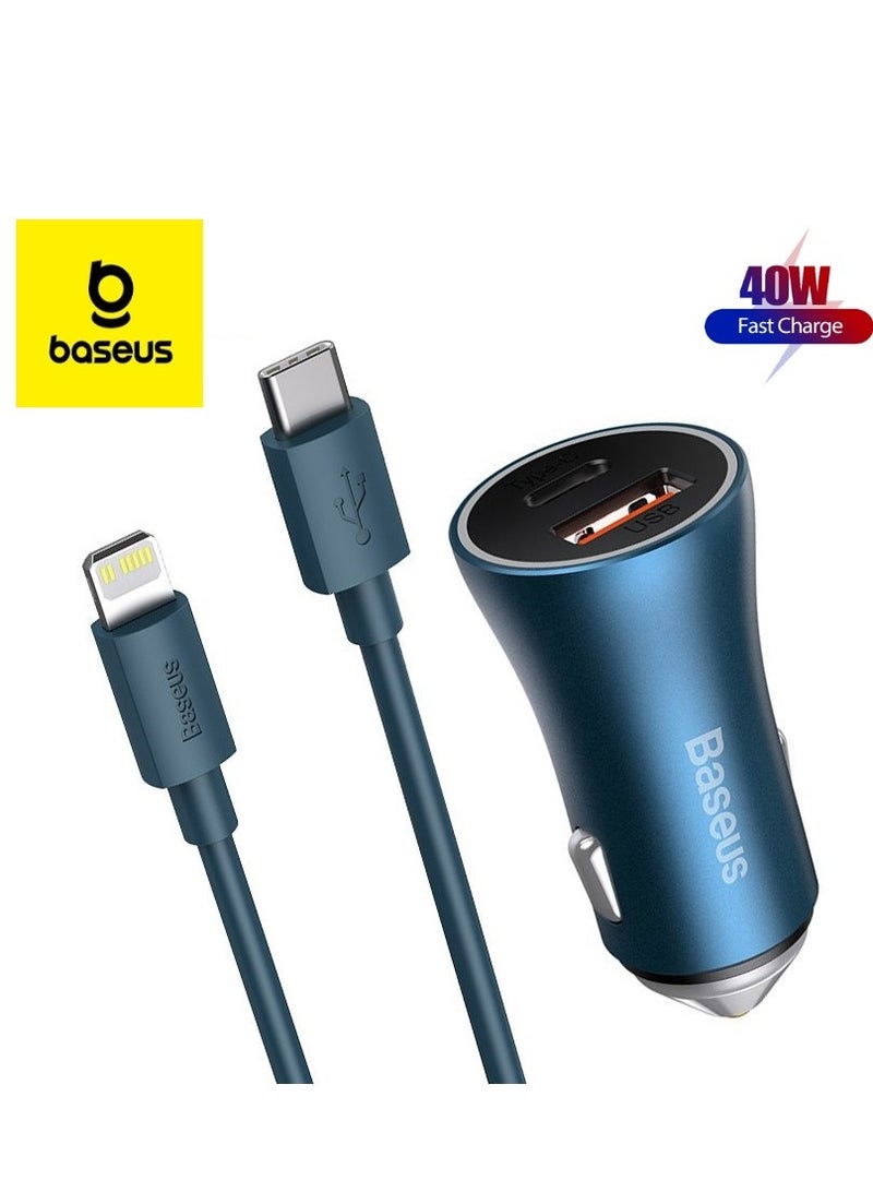 بيسوس محول شاحن سيارة USB-C بقوة 40 وات مع ولاعة سجائر وشاحن USB مزدوج وشحن سريع [PD3.0 وQC 4.0] مع Type C إلى Lightning لهاتف iPhone 15/14/13/12/11 وSamsung Galaxy S20 وHuawei Mate 30 والمزيد - Image 1