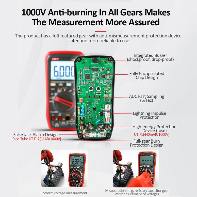 المقياس الرقمي المتعدد الوظائف UNI-T UT15B MAX 1000 فولت 6000 عداد – مقياس متعدد الوظائف VFD مقياس الجهد والتيار حقيقي RMS لقياس محولات VFD: الجهد المتردد/المباشر / التيار المتردد/المباشر / المقاومة / السعة / التردد / دورة الواجب / درجة الحرارة - Image 4