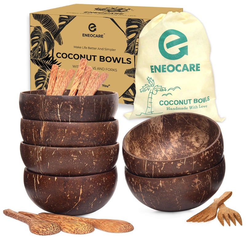 ENEOCare Set of 6 Natural Coconut Bowls and Wooden Spoon Sets  Organic Reusable Ecofriendly Smoothie and Buddha Bowl Sets