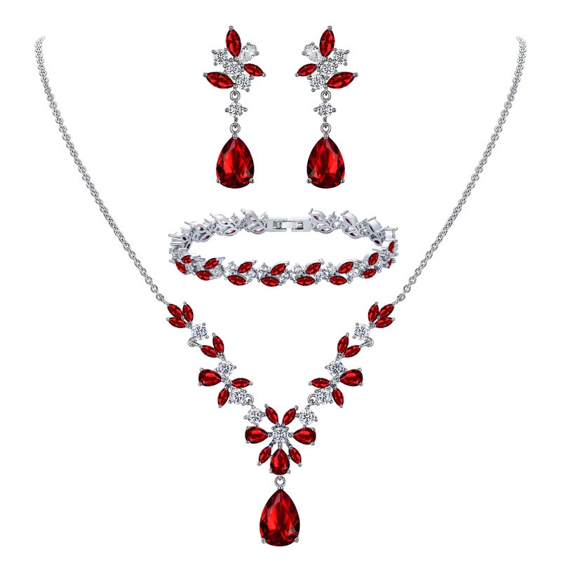 EleQueen Women's Wedding Bridal Jewelry Set for Brides Bridesmaids, Sparkle Cubic Zirconia Teardrop Necklace Dangle Earrings Bracelet Sets for Party Prom Ruby Color - Image 1