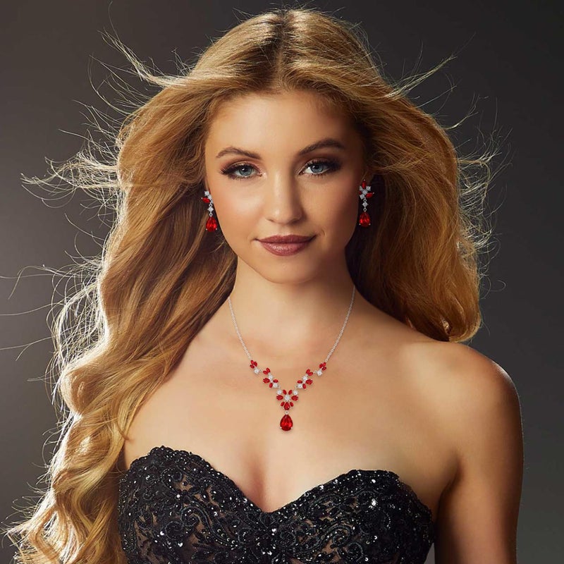 EleQueen Women's Wedding Bridal Jewelry Set for Brides Bridesmaids, Sparkle Cubic Zirconia Teardrop Necklace Dangle Earrings Bracelet Sets for Party Prom Ruby Color - Image 3