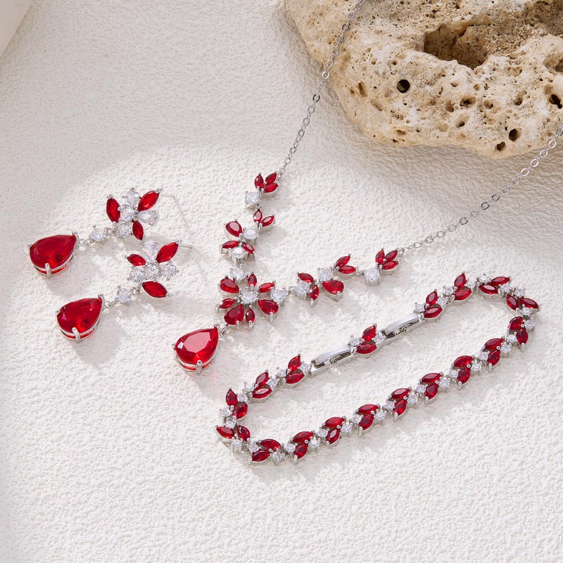 EleQueen Women's Wedding Bridal Jewelry Set for Brides Bridesmaids, Sparkle Cubic Zirconia Teardrop Necklace Dangle Earrings Bracelet Sets for Party Prom Ruby Color - Image 5