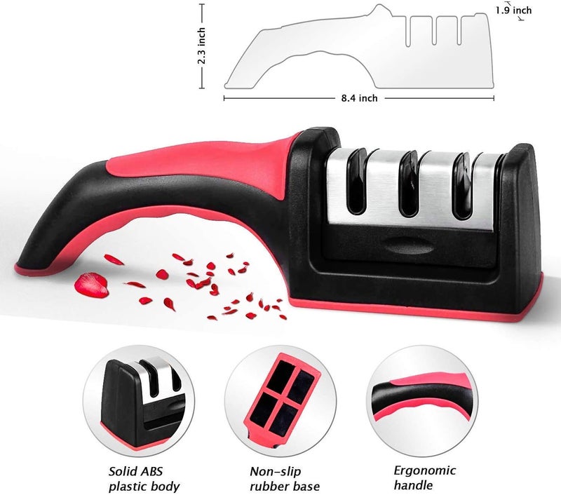 INKULTURE Manual Knife Sharpener 3 Stage Sharpening Tool Ceramic Knife and Steel Knives Color Black & Red Pack of 01 - Image 2