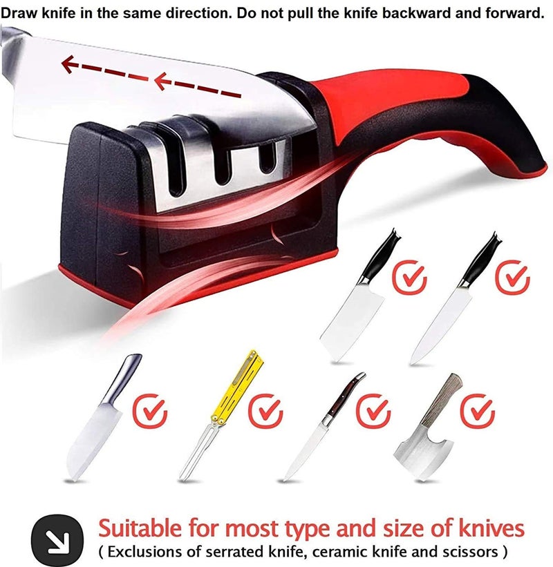 INKULTURE Manual Knife Sharpener 3 Stage Sharpening Tool Ceramic Knife and Steel Knives Color Black & Red Pack of 01 - Image 5