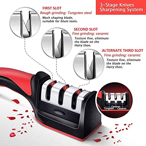 INKULTURE Manual Knife Sharpener 3 Stage Sharpening Tool Ceramic Knife and Steel Knives Color Black & Red Pack of 01 - Image 3