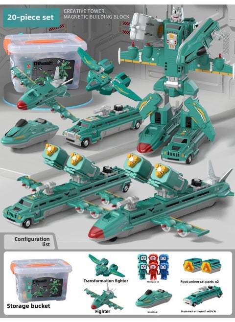 Children's Day 61 Gift Magnetic Building Block Splicing Toy Boy Assembled Engineering Vehicle Transforming Robot King Kong-Color:Sea, Land And Air Robot [20-piece Set] + Storage Bucket
