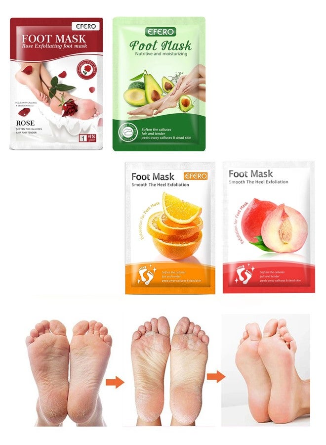 efero 4 Pieces Foot Peeling and Exfoliating Mask, Dead Skin Removing Sock - Rose, Avocado, Orange, Peach - Image 1