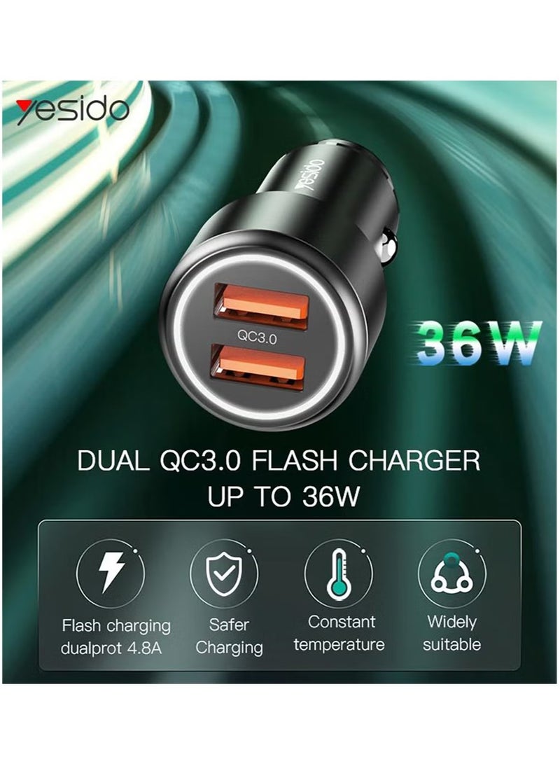 Yesido Y43 Fast Charger 36W Dual QC 3.0 Car Super Fast USB Charger Dual Quick 2 Port USB Car Charger Adapter - Black - Image 4