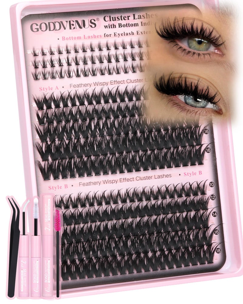 Goddvenus Wispy Eye Lash Clusters Kit Natural Cluster Eyelash Extensions Kit False Eyelash Clusters Fluffy DIY Individual Lash Extensions Kit C Curl - Image 1