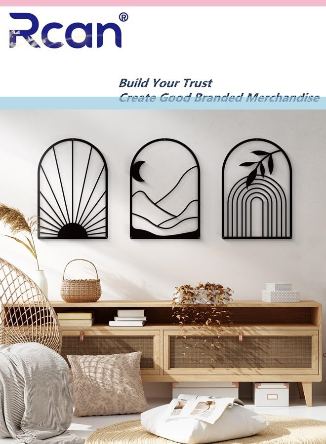 Rcan Boho Black Metal Wall Decor Black Minimalist Wall Art Large Bohemian Line Metal Wall Art Black Boho Wall Art for Bedroom Bathroom Living Room 3 Pack 12 x 17 in - Image 1