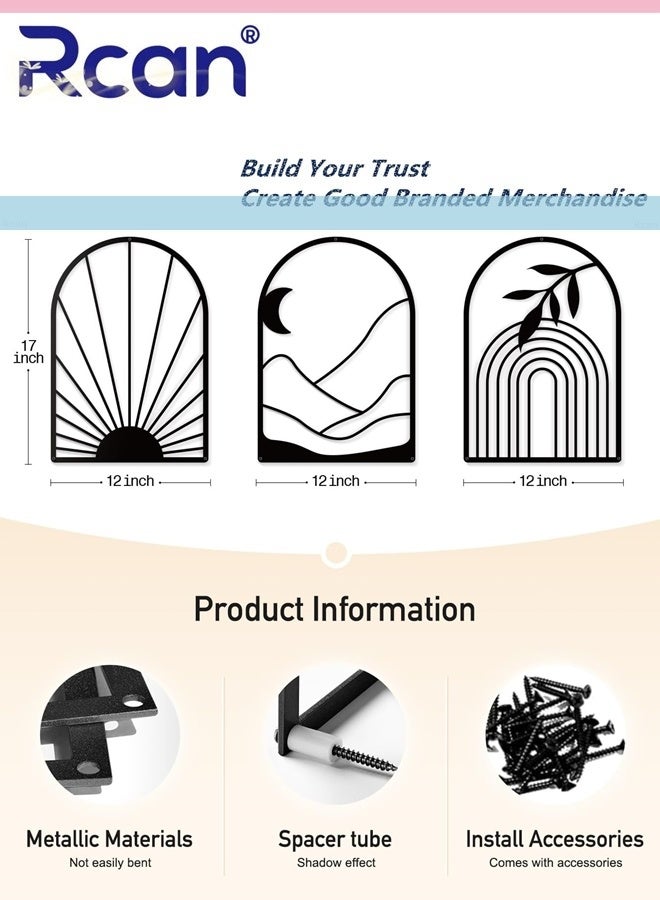 Rcan Boho Black Metal Wall Decor Black Minimalist Wall Art Large Bohemian Line Metal Wall Art Black Boho Wall Art for Bedroom Bathroom Living Room 3 Pack 12 x 17 in - Image 4