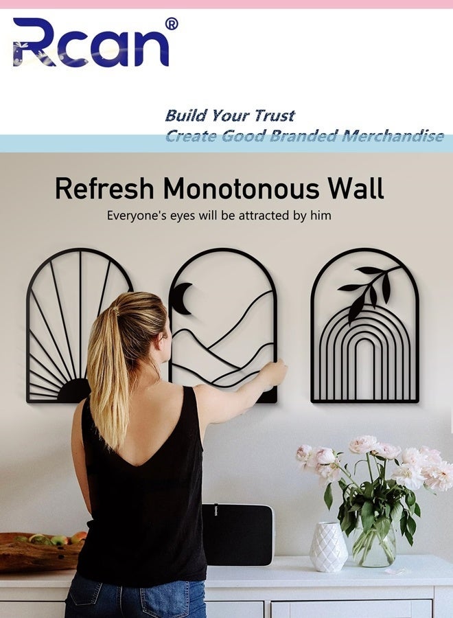 Rcan Boho Black Metal Wall Decor Black Minimalist Wall Art Large Bohemian Line Metal Wall Art Black Boho Wall Art for Bedroom Bathroom Living Room 3 Pack 12 x 17 in - Image 5