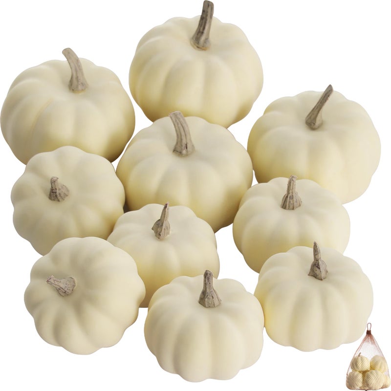 Artgar Pumpkin Decor White Pumpkin 10 PCS Mini Pumpkins Harvest Set Beige Foam Pumpkins for Home Decor DIY Table Halloween Fall Thanksgiving Decorations