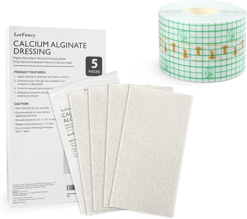 LotFancy 5 Calcium Alginate Wound Dressing Pads and 2 x 13 Yards Tattoo Aftercare Bandage - Image 1