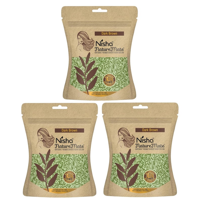 Nisha نيشا ناتشر ميت صبغة شعر قائمة على الحناء للنساء والرجال بدون أمونيا 100% حماية عشبية لون بني داكن 45 جرام عبوة من 3 - Image 1
