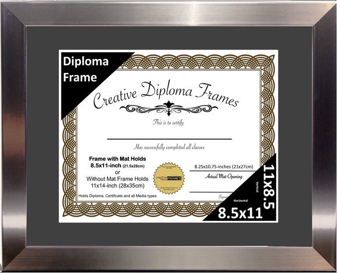 11 X 14 STAINLESS STEEL FINISH DIPLOMA FRAME WITH BLACK MAT TO HOLD 85 BY 11INCH GRADUATION DOCUMENTS WSTAND AND WALL HANGER