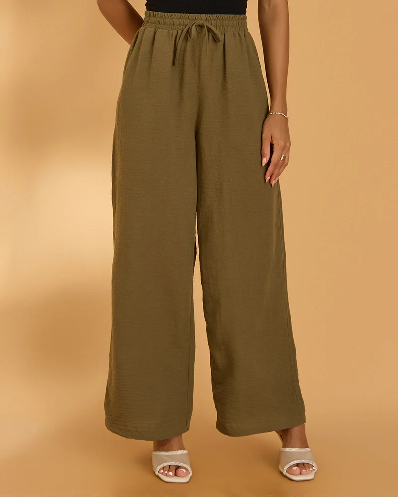 REDTAG Women Olive Wide Leg Trousers
