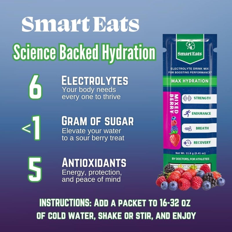 Smart Eats مسحوق إلكتروليت سمارت إيتس 1690 ملغ إلكتروليتات 9 معادن أساسية  فيتامينات 5 مضادات أكسدة ترطيب سريع منشط مصمم بواسطة أطباء 1 غرام سكر نكهة التوت الحامض 30 عبوة - Image 3
