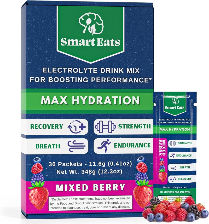 Smart Eats مسحوق إلكتروليت سمارت إيتس 1690 ملغ إلكتروليتات 9 معادن أساسية  فيتامينات 5 مضادات أكسدة ترطيب سريع منشط مصمم بواسطة أطباء 1 غرام سكر نكهة التوت الحامض 30 عبوة - Image 1