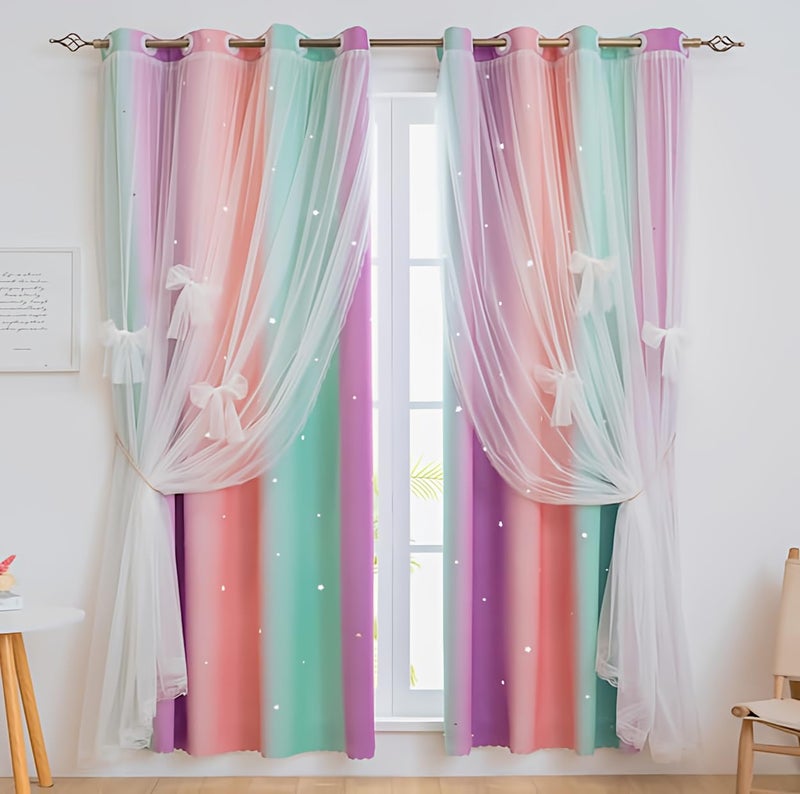 Yancorp Curtains for Girls Bedroom Kids Room Curtain Colorful Window Nursery Curtain 63 inches Length Room Darkening Grommet 2 Layers Green Pink Purple W52 X L63