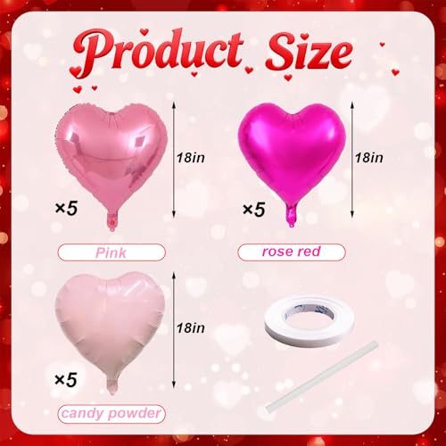 Villorem 15 Pcs Pink Heart Shaped Balloons 18 Inch Hot Pink Foil Heart Balloons Candy Color Love Balloon for Sweet Theme Birthday Party Bridal Shower Wedding Valentine Party Decorations - Image 5