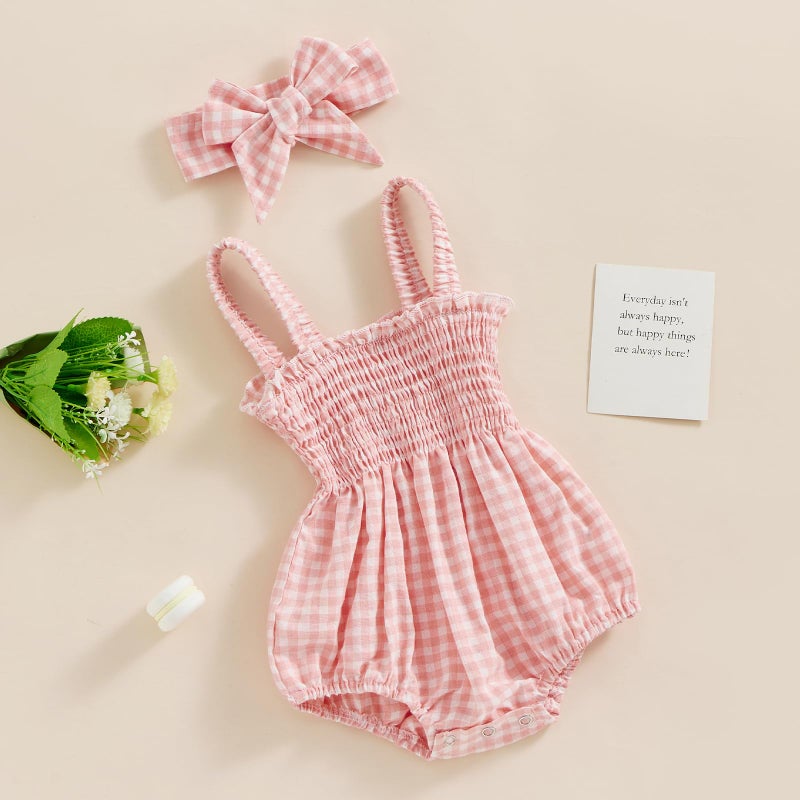 FOMOYUU Newborn Baby Girl Romper Summer Sleeveless Smocked Cotton Linen Clothes Outfit with Headband (Pink Plaid, 0-3 Months) - Image 3