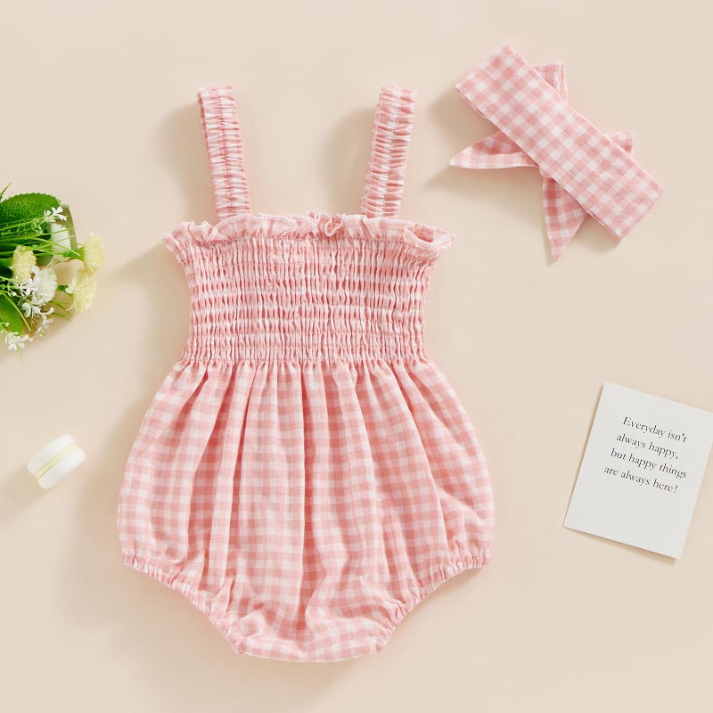 FOMOYUU Newborn Baby Girl Romper Summer Sleeveless Smocked Cotton Linen Clothes Outfit with Headband (Pink Plaid, 0-3 Months) - Image 4