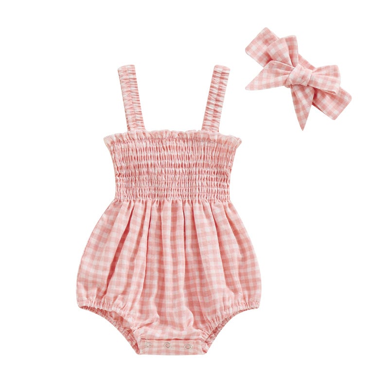 FOMOYUU Newborn Baby Girl Romper Summer Sleeveless Smocked Cotton Linen Clothes Outfit with Headband (Pink Plaid, 0-3 Months) - Image 1