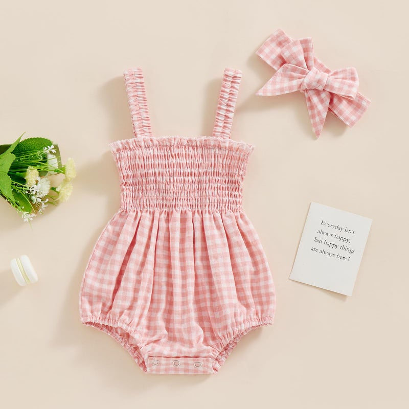 FOMOYUU Newborn Baby Girl Romper Summer Sleeveless Smocked Cotton Linen Clothes Outfit with Headband (Pink Plaid, 0-3 Months) - Image 2