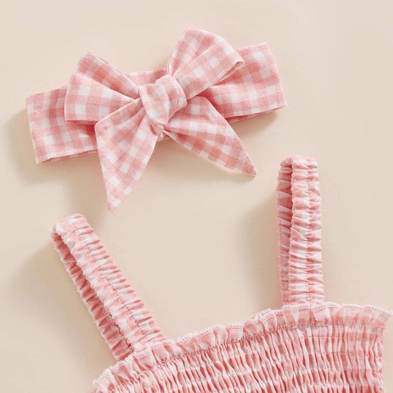 FOMOYUU Newborn Baby Girl Romper Summer Sleeveless Smocked Cotton Linen Clothes Outfit with Headband (Pink Plaid, 0-3 Months) - Image 5