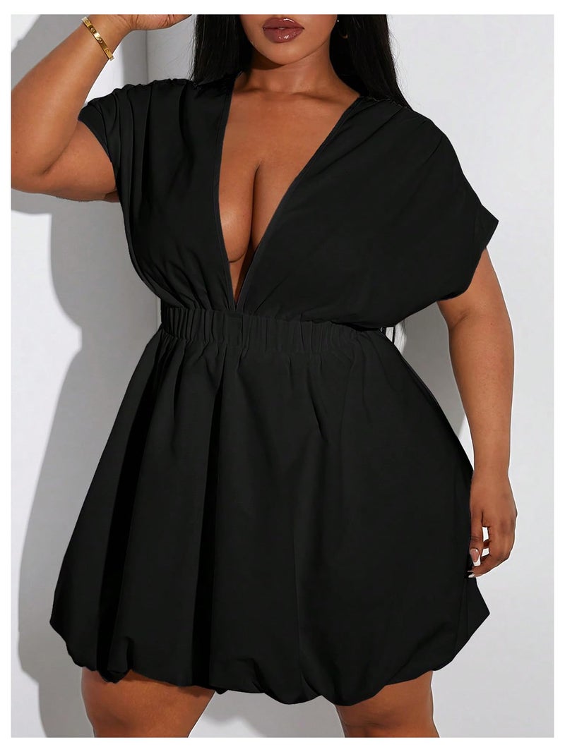 WDIRARA Women's Plus Size Deep V Neck Bubble Dress Short Sleeve A Line Mini Dresses Black 4X-Large Plus - Image 3