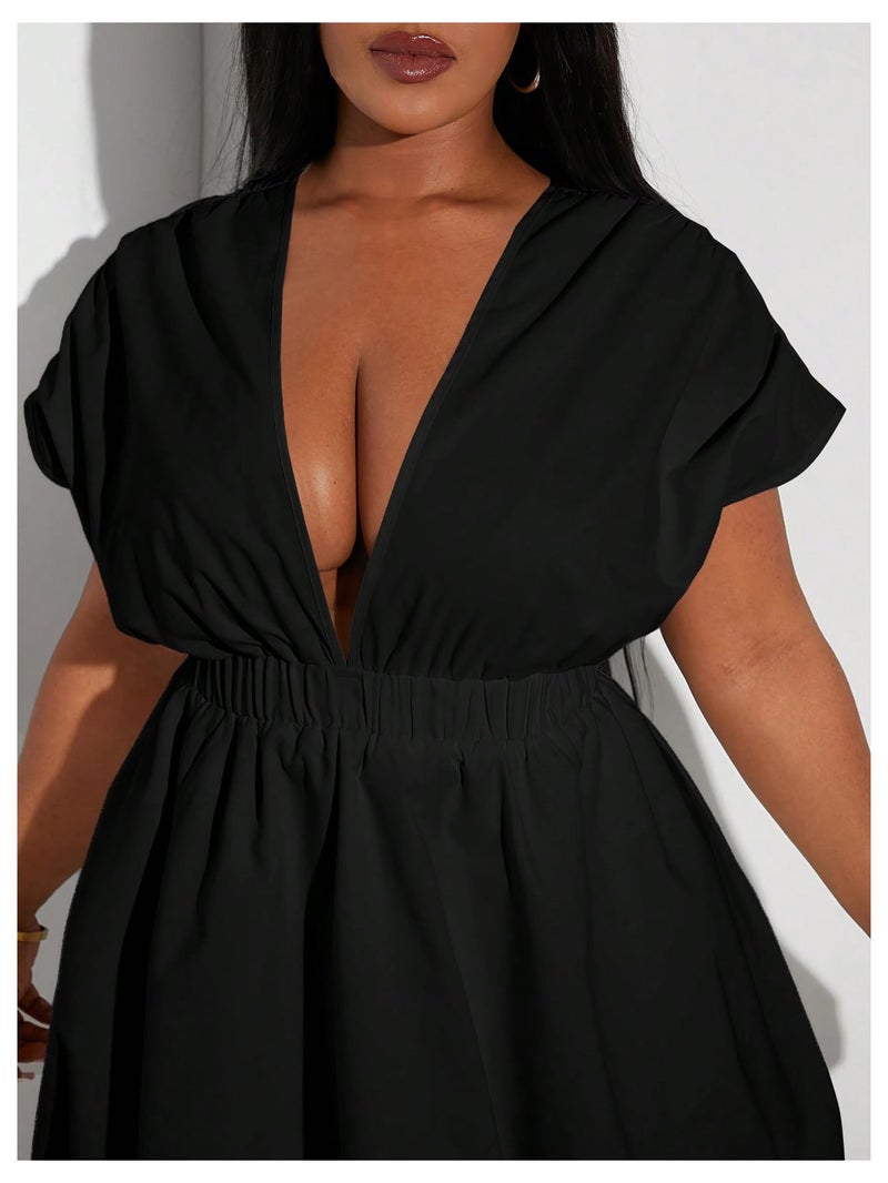 WDIRARA Women's Plus Size Deep V Neck Bubble Dress Short Sleeve A Line Mini Dresses Black 4X-Large Plus - Image 5