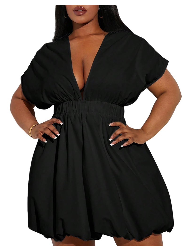 WDIRARA Women's Plus Size Deep V Neck Bubble Dress Short Sleeve A Line Mini Dresses Black 4X-Large Plus - Image 1