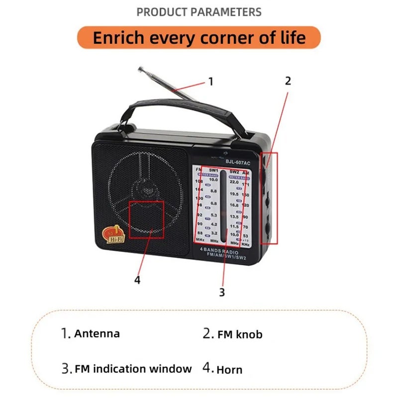 مشغل راديو كامل الفرقة عائدة للأسلوب بصوت عالي راديو محمول متعدد الوظائف SW/AM/FM RX606AC - Image 4