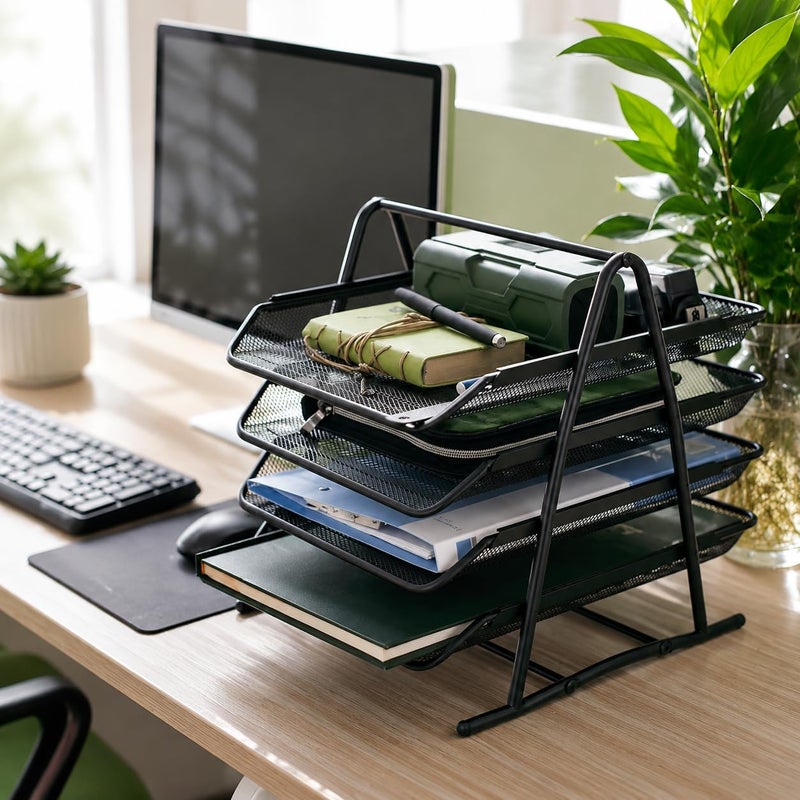 SOLDTRUE Metal Mesh 2 Tier Document Tray File Tray File Rack For A4 Documents Files Papers Folders Holder Desk Organizer Black - Image 2