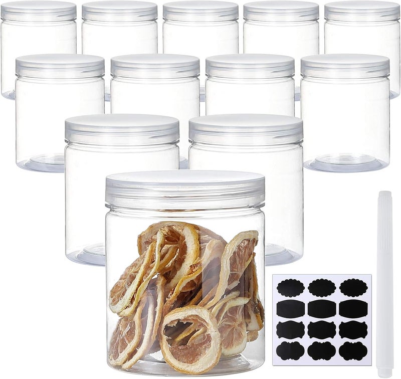 16 OZ Plastic Jars with Lids, 12 Pack Clear Plastic Slime Containers for Kitchen and Household Food Storage of Dry Goods, Creams and More,Included Extra Label and A Pen - Image 1