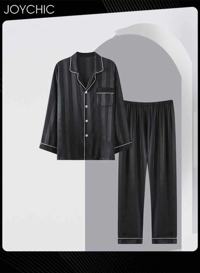 Joychic Solid Pattern Laple Pajamas for Men Spring and Autumn Long-sleeved and Trousers with High Stretch Ice Silk  Youth Comfortable Breathable  Home Sleepwear Loungewear Black - Image 3