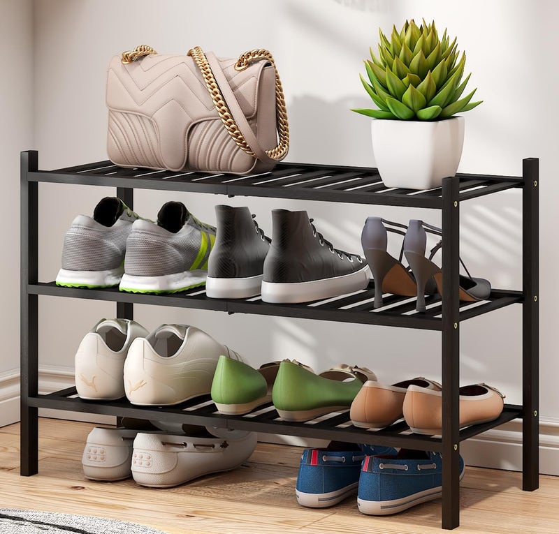 viewcare 3-Tier Black Bamboo Shoe Rack for Entryway, Stackable | Foldable | Natural, Shoe Shelf Storage Organizer for Hallway Closet, Free Standing Shoe Racks for Indoor Outdoor - Image 1