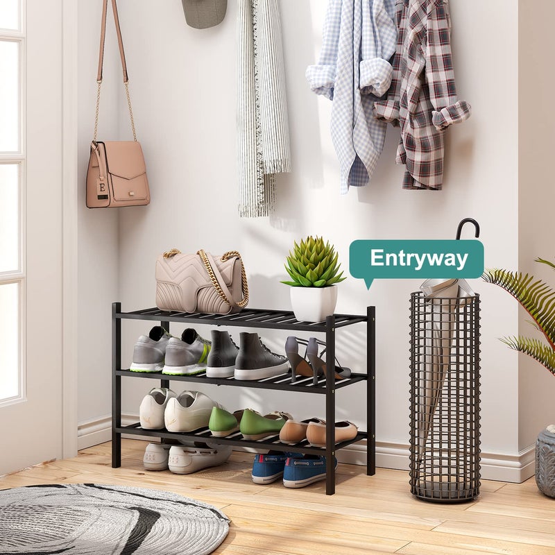 viewcare 3-Tier Black Bamboo Shoe Rack for Entryway, Stackable | Foldable | Natural, Shoe Shelf Storage Organizer for Hallway Closet, Free Standing Shoe Racks for Indoor Outdoor - Image 4