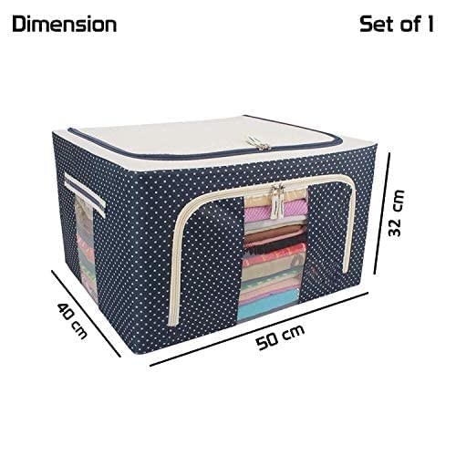 REMICH 66 Litres Foldable Oxford Cloth Storage Bag Steel Frame for Comforter Bedding Clothes Antidust MoistureProof Storage Box with Clear Window Blue Dot Pack of 1 - Image 5