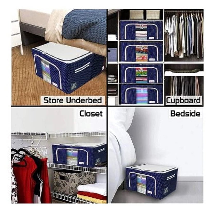 REMICH 66 Litres Foldable Oxford Cloth Storage Bag Steel Frame for Comforter Bedding Clothes Antidust MoistureProof Storage Box with Clear Window Blue Dot Pack of 1 - Image 2