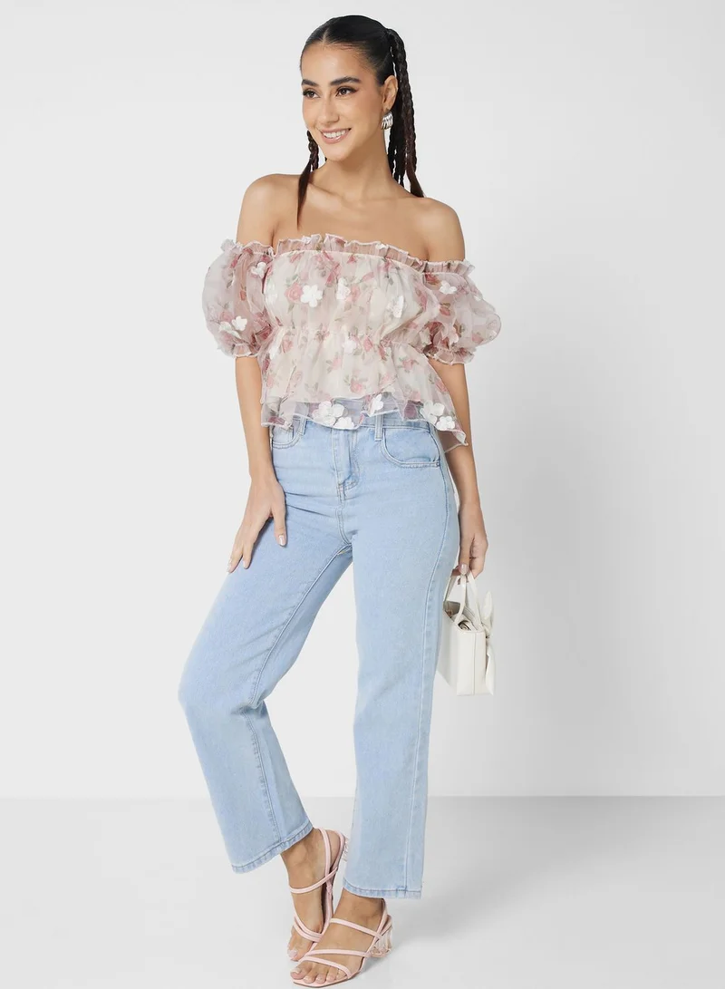 Ginger Off Shoulder 3D Floral Embellished Top