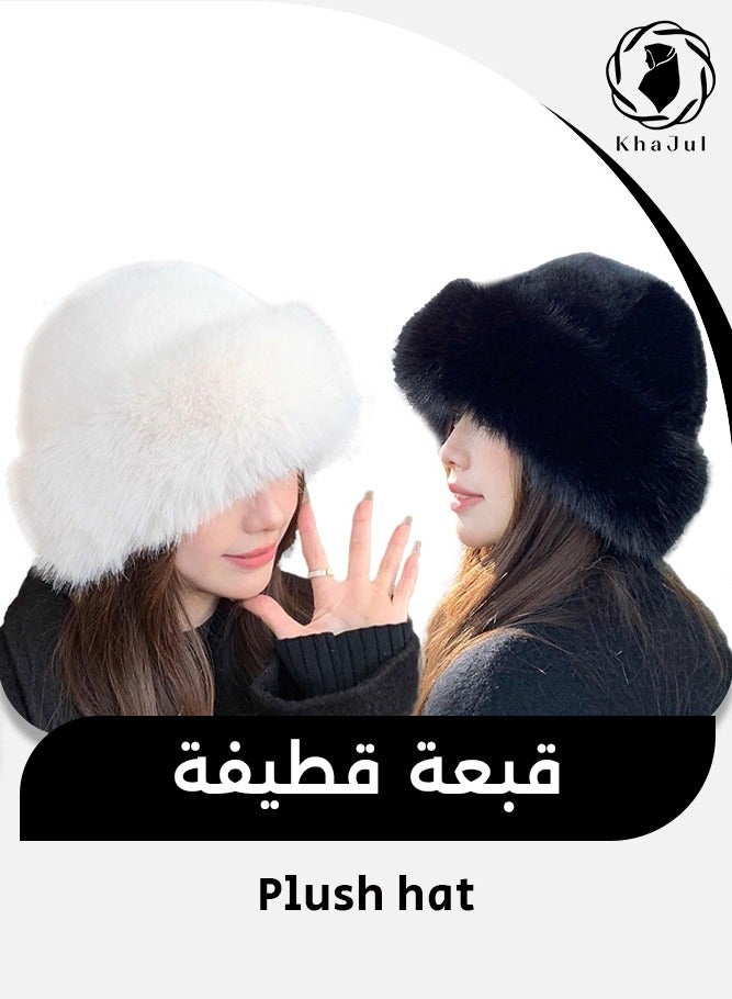 خاجول قبعات نسائية من الفرو السميك، قطعتان، بتصميم أنيق ومريح، مناسبة للطقس الشتوي (أبيض وأسود) - Image 1