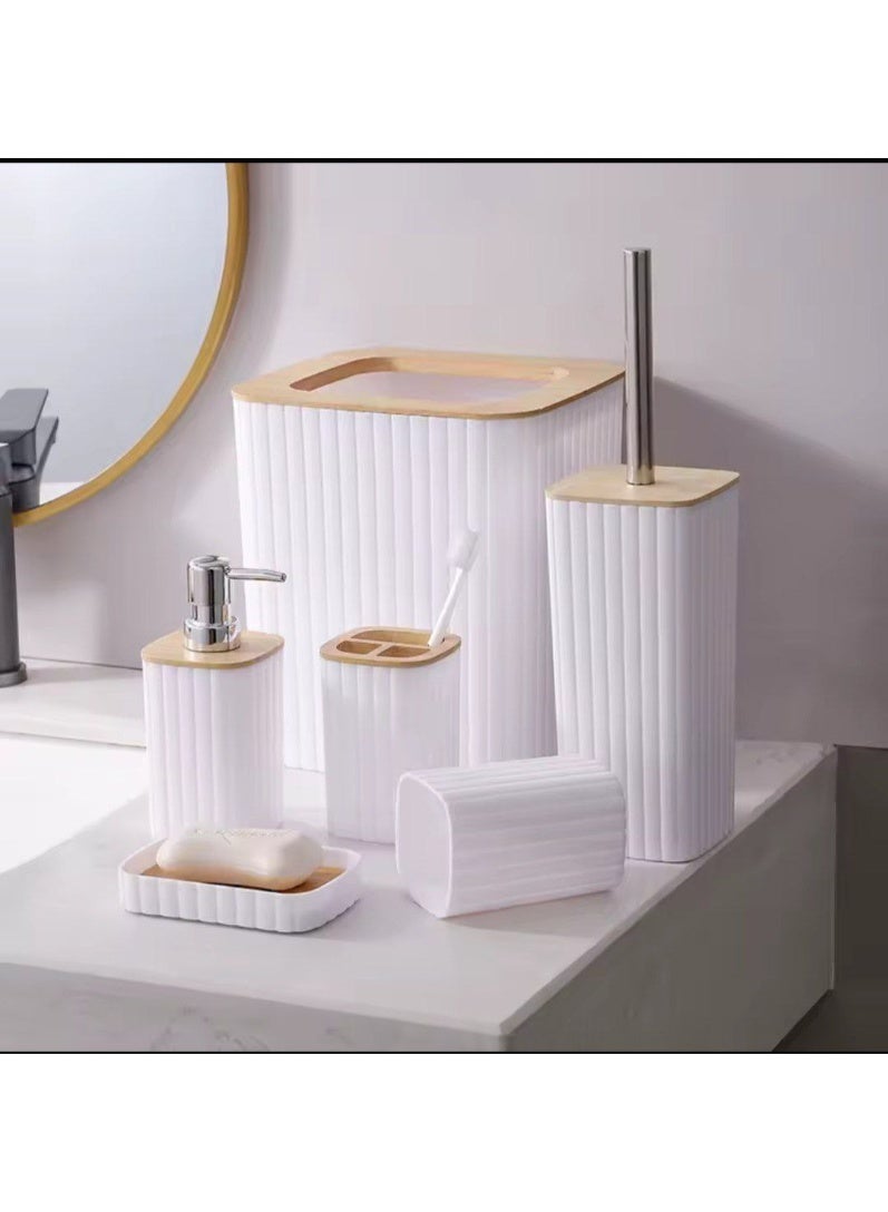 طقم اكسسوارات حمام "ملكي مضلع" 8 قطع مع ستاند خشب، باسكت 6 لتر بغطاء خشب وديسبنسر (مستورد عالي الجودة)