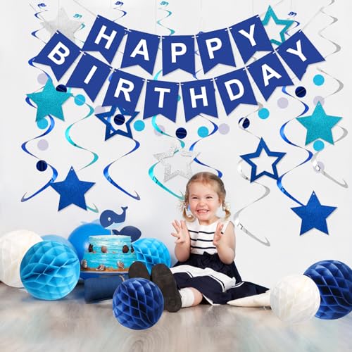 meowtastic زينة عيد الميلاد الرائعة، لافتة عيد ميلاد سعيدة مع كرات خلوية، نجوم متدلية، شرائط دوارة، زينة نقاط دائرية، زينة حفلات عيد الميلاد للنساء والرجال والأولاد والبنات (أزرق) - Image 5